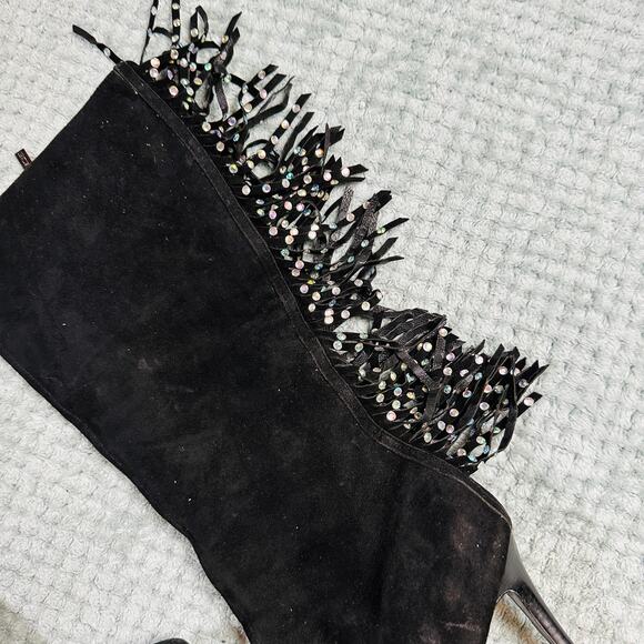 Amazing Vintage Y2K Sequin Fringe Tassel Suede Pump Pointed Toe Calf Boot Heel - Picture 3 of 9